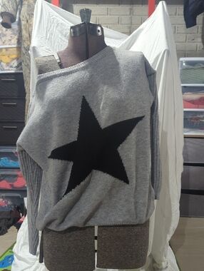 Women’s Grey Knit Sweater with Black Star Accent